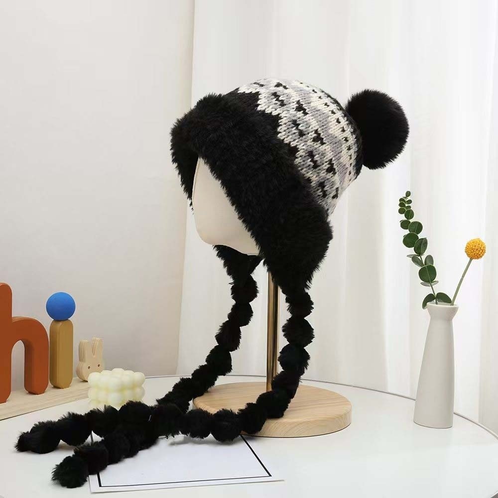 Fleece Lined Pompom Braids Hat - Trapper Hat Ear Flap 评论和价格
