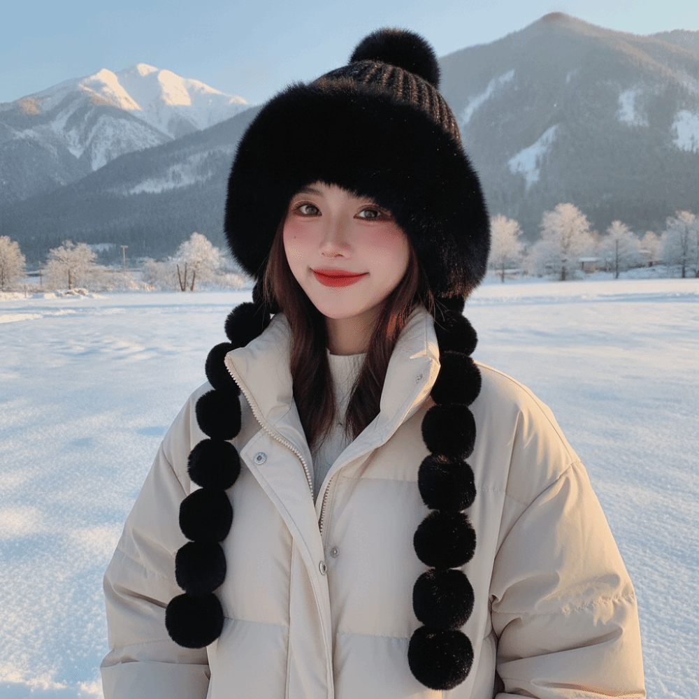 Fleece Lined Pompom Braids Hat - Trapper Hat Ear Flap 评论和价格