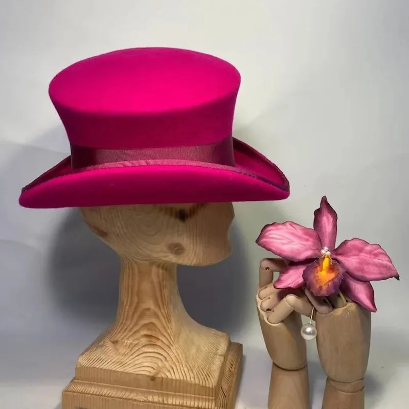 Wool Felt Top Hat Blue Ribbon  - Fedora Hat Wool 评论和价格